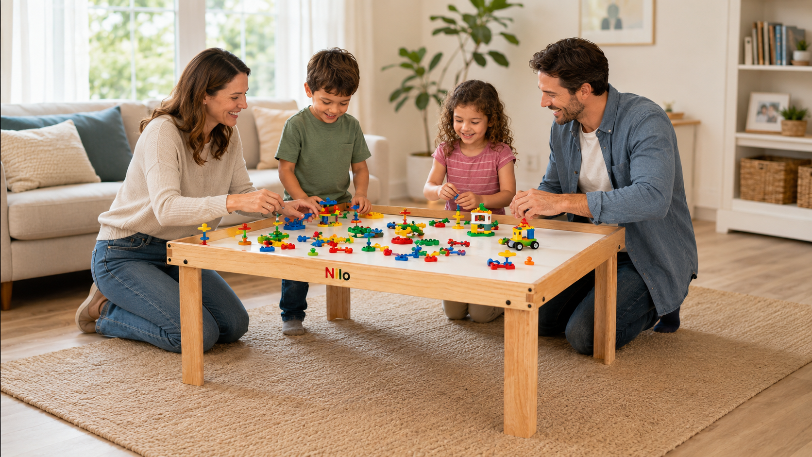 Family playing DUPLO on a Nilo table