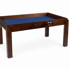 Single dark walnut Nilo Master Board Game Table with blue felt top, cup holder, and folding hinge brackets, studio shot on white background