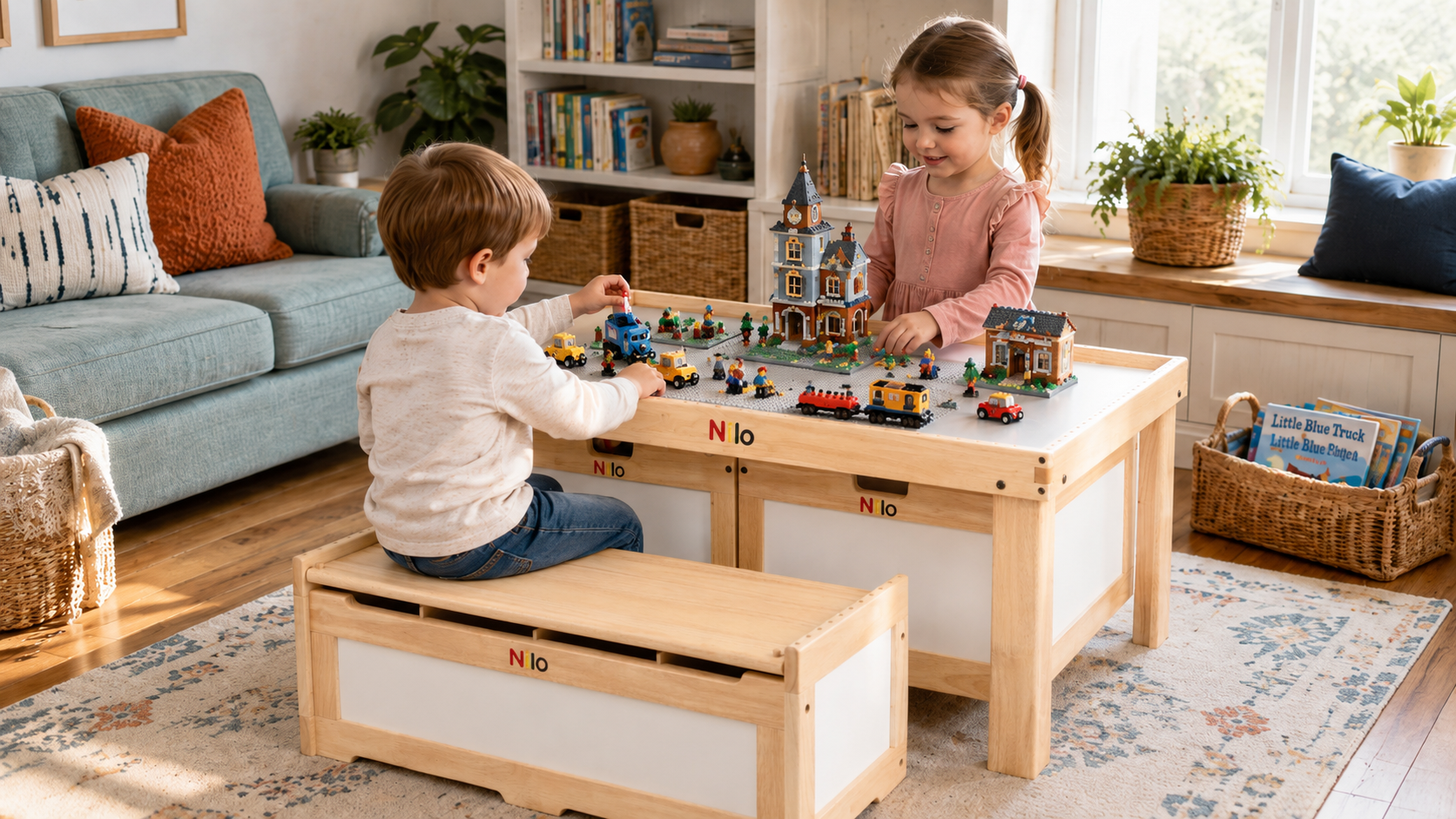 Kids playing LEGO on a Nilo toy chest bench