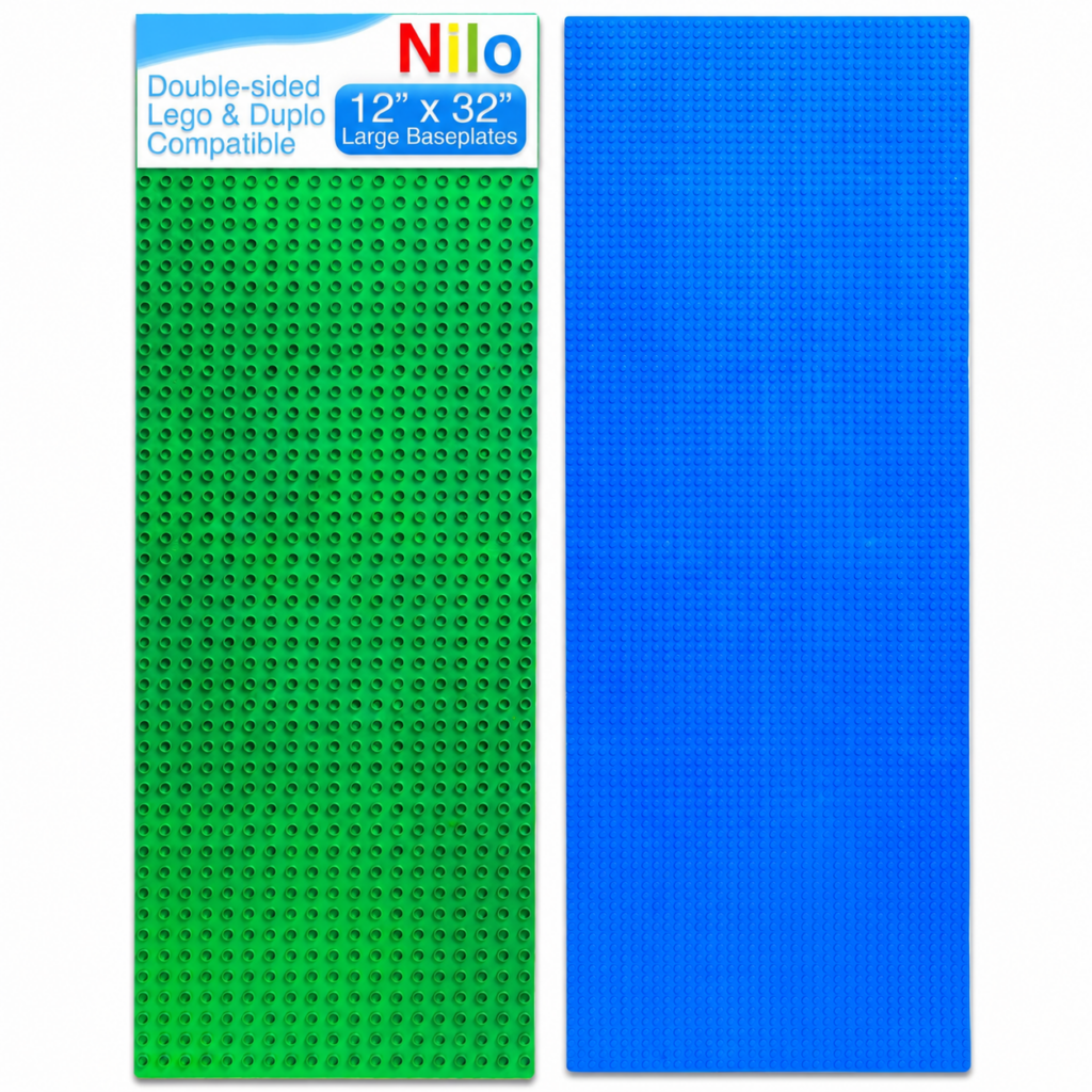 Nilo green and blue Lego- and Duplo-compatible hardwood baseplates, 12 by 32 inches each, sized to drop into Nilo play tables