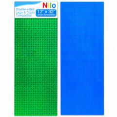 Nilo green and blue Lego- and Duplo-compatible hardwood baseplates, 12 by 32 inches each, sized to drop into Nilo play tables