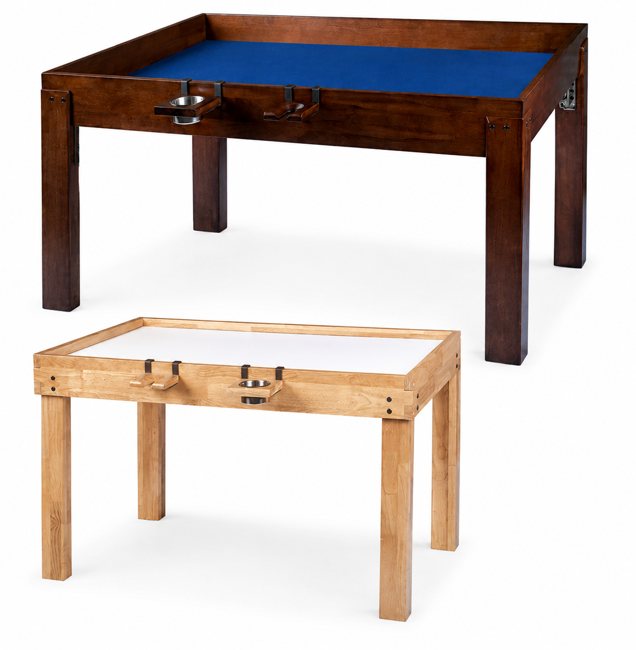 Nilo solid hardwood game tables, dark walnut Master Table with blue felt insert and natural wood version with white top