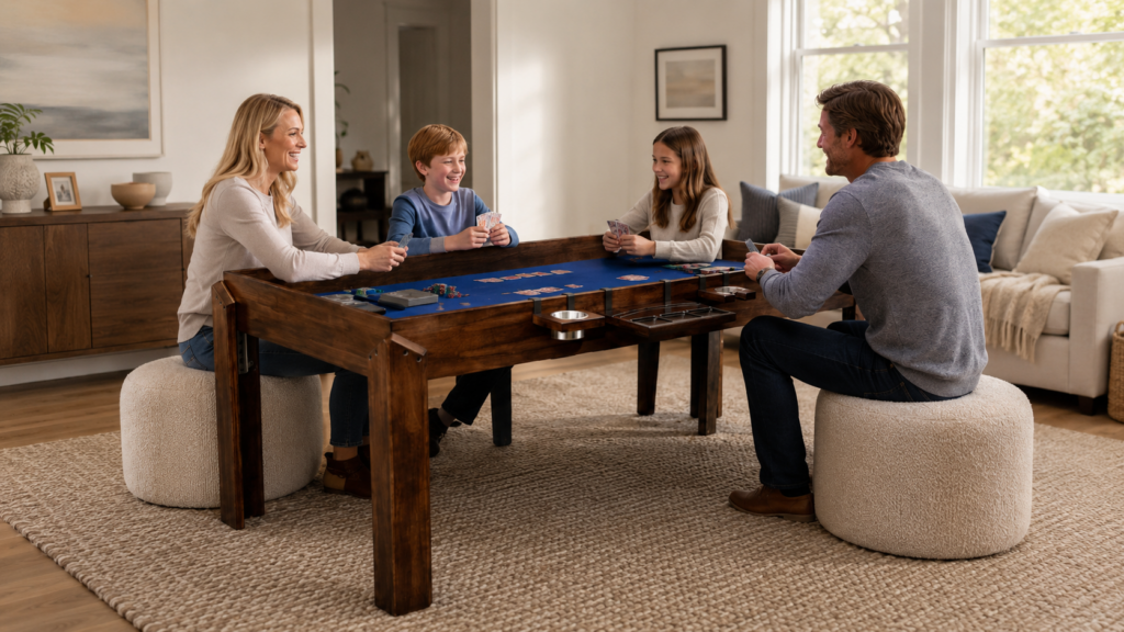 Family of four playing cards at a Nilo hardwood gaming table in a bright living room