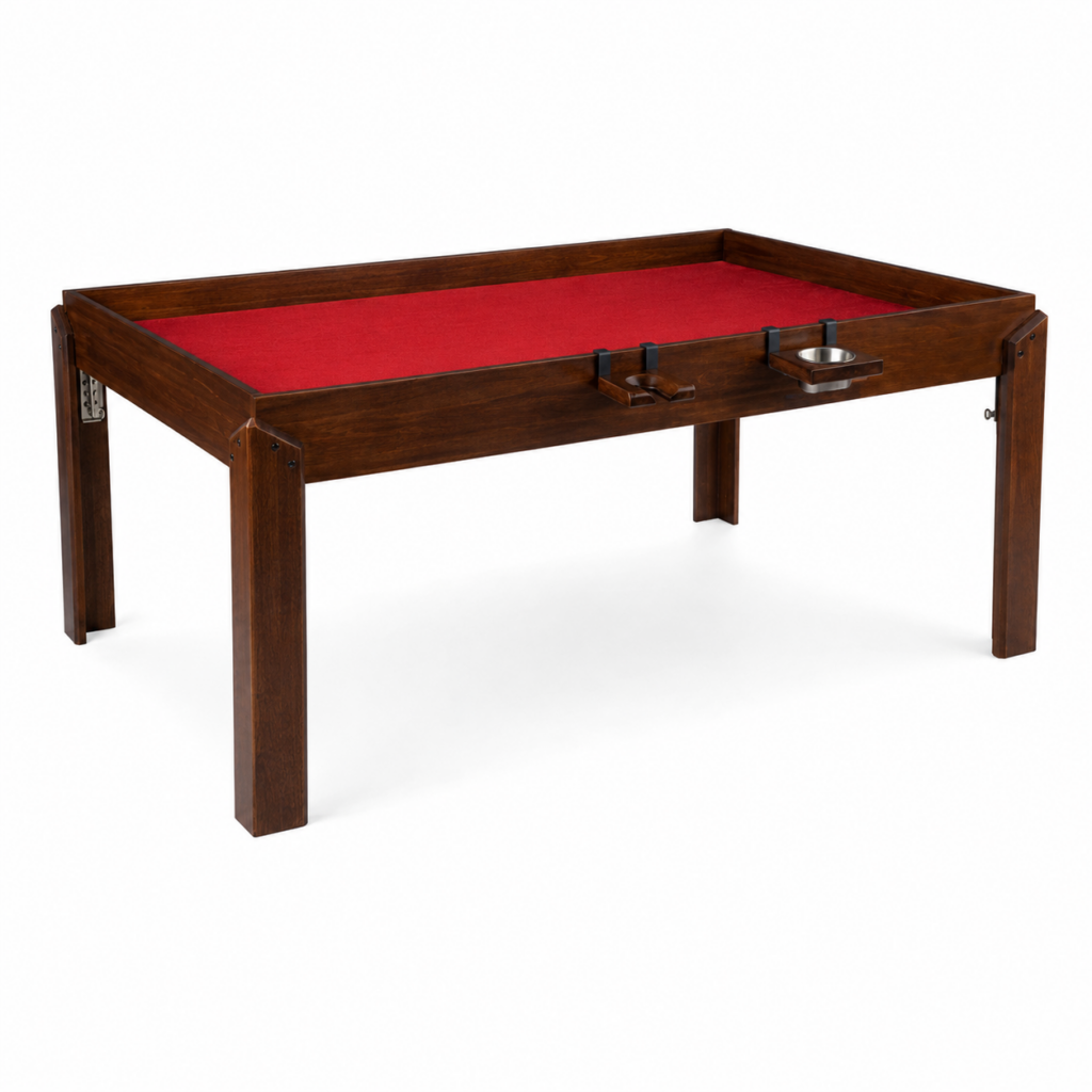 Nilo War Table walnut frame with red felt insert, cup holder, and dice tower